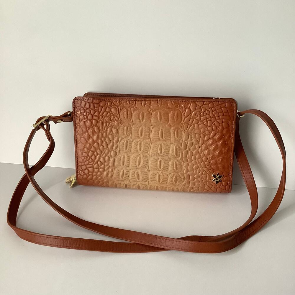 Anuschka Handpainted Leather RFID Convertible Crossbody Croc Embossed Caramel